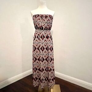 Summer Strapless Midi Boho Dress Tribal print in brown, white, black  W sz  4-6
